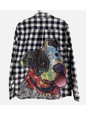 Upcycled “Dog Lovers” Flannel Plaid Shirt